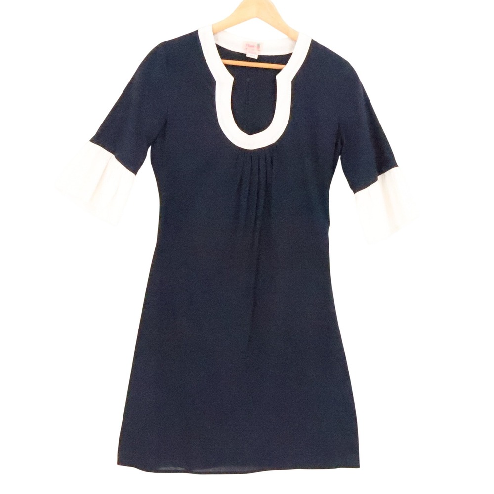 Mod Bell Sleeve Sheath Dress Womens Size XS Navy Blue Preppy MinimalistCotton